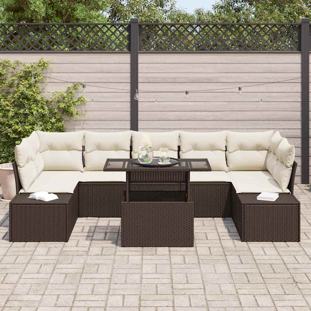 Set di divani con cuscino 8 pcs Marrone e Crema polyrattan | homemem39