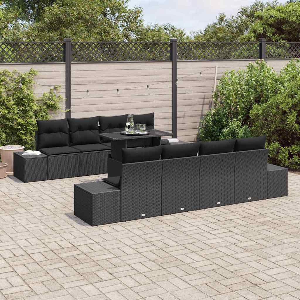 Set Divano da Giardino con cuscino 9 pcs Nero polyrattan | homemem39