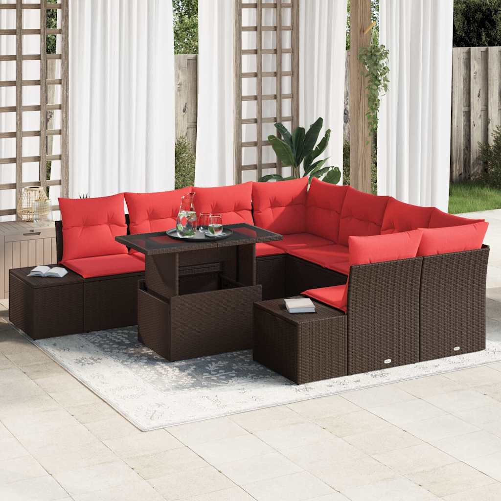 Set Divano da Giardino 9 pcs Marrone e Rosso polyrattan | homemem39