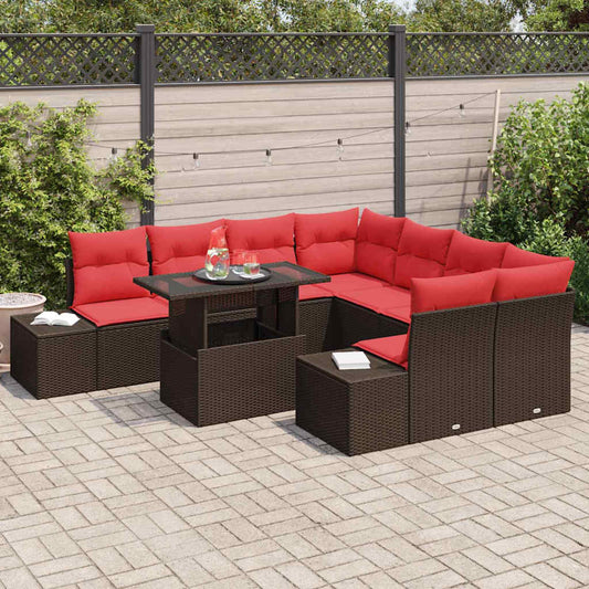 Set Divano da Giardino 9 pz 8-Numero di posti Marrone e Rosso | homemem39