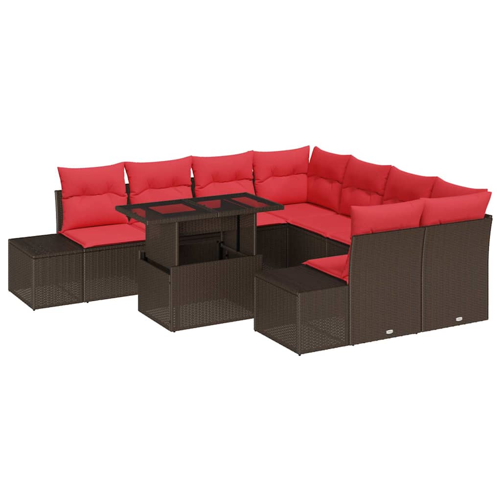 Set Divano da Giardino 9 pcs Marrone e Rosso polyrattan | homemem39