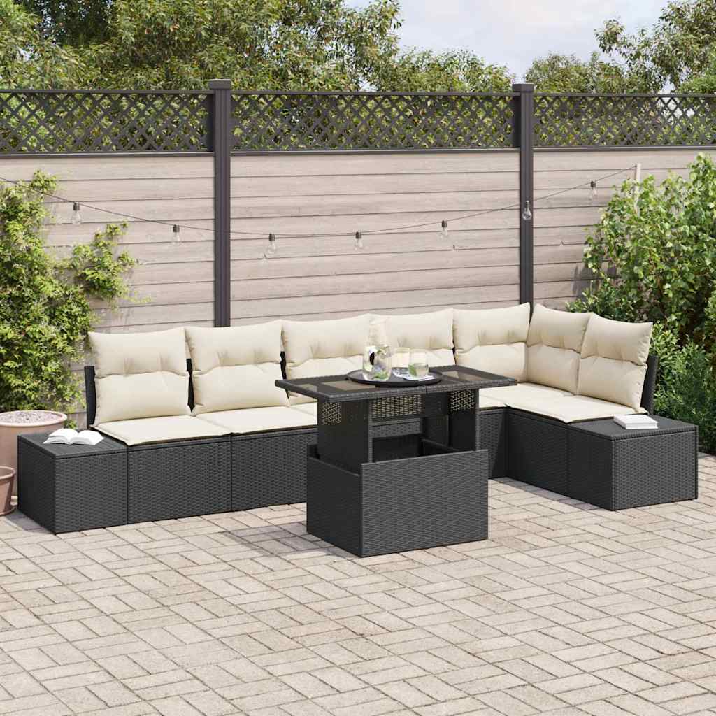 Set Divano da Giardino con cuscino 7 pcs Nero e crema | homemem39