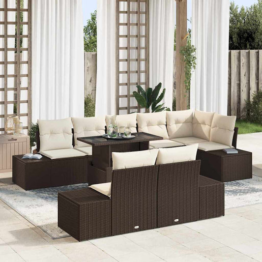 Set Divano da Giardino 9 pcs Marrone e Crema polyrattan