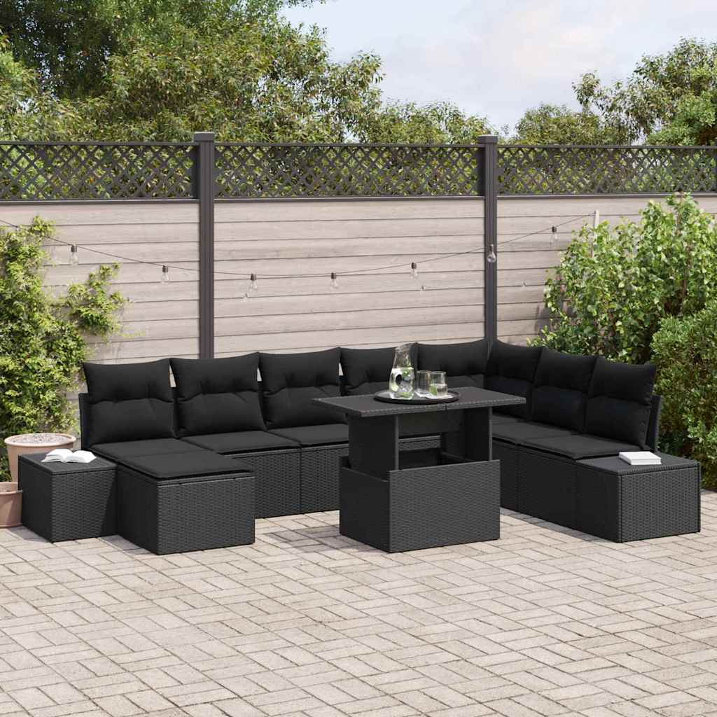 Set Divano da Giardino con cuscino 9 pcs Nero polyrattan | homemem39