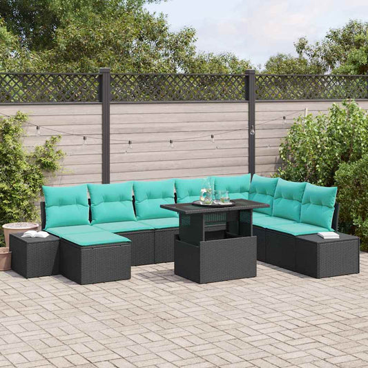 Set Divano da Giardino 9 pz Nero e Blu polyrattan | homemem39