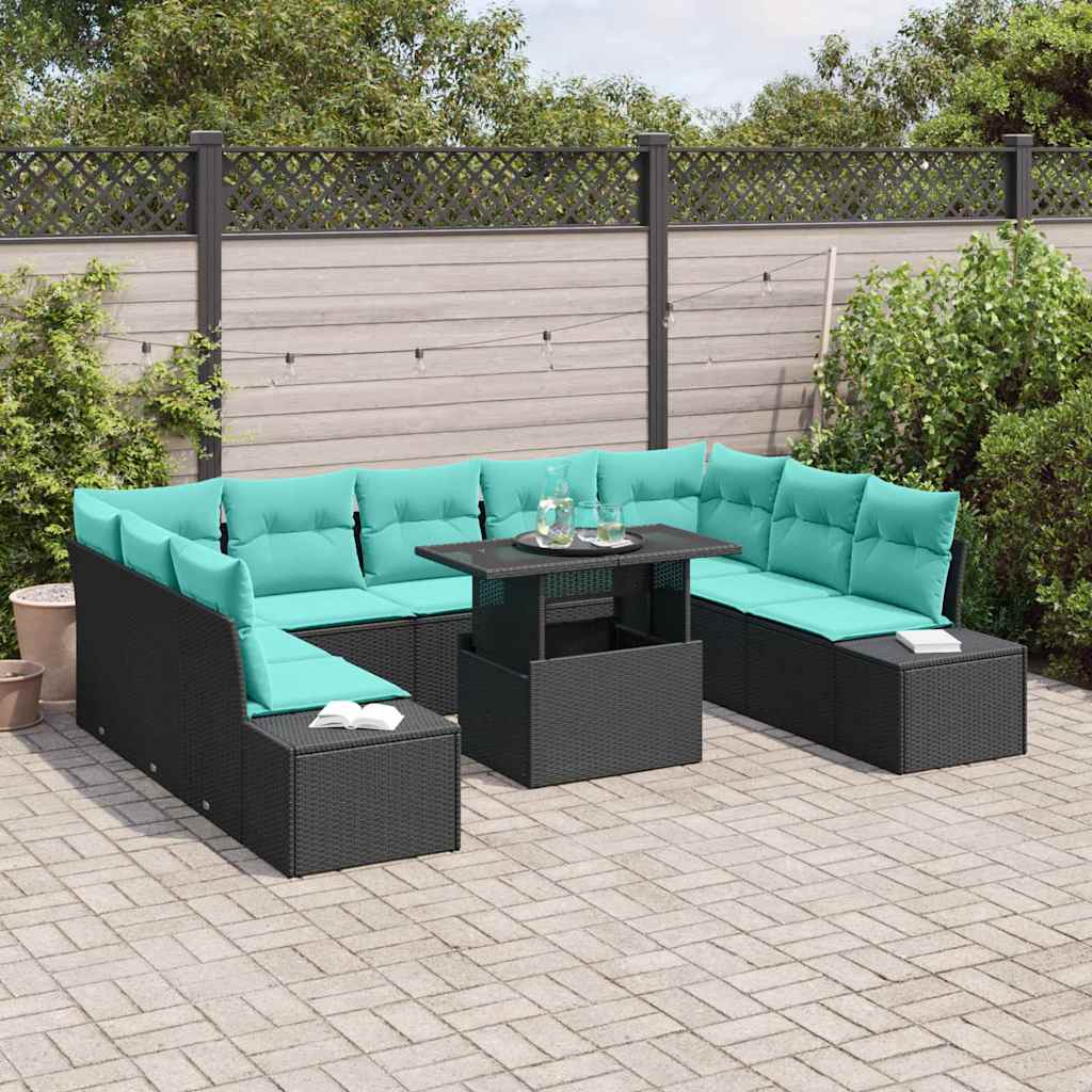 Set Divano da Giardino 10 pz Nero e Blu polyrattan | homemem39