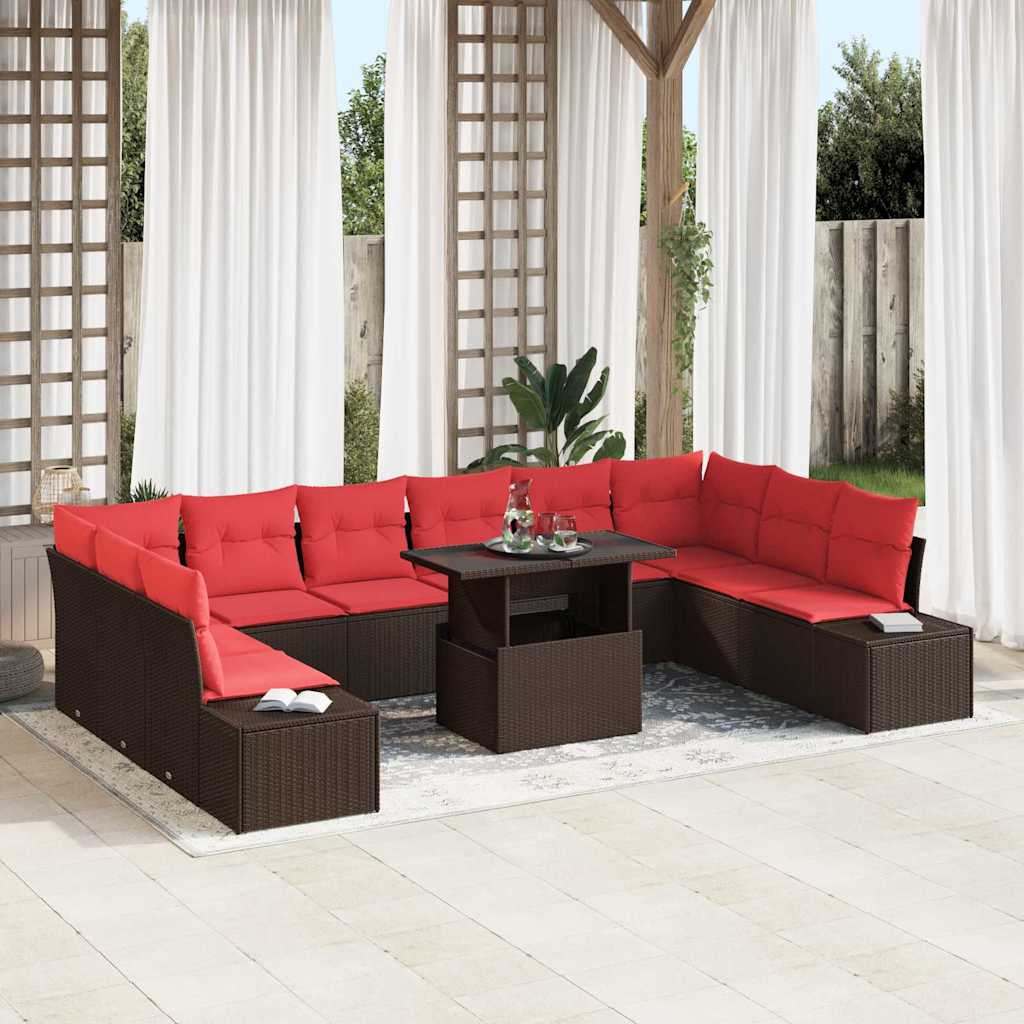 Set Divano da Giardino 11 pcs Marrone e Rosso polyrattan | homemem39