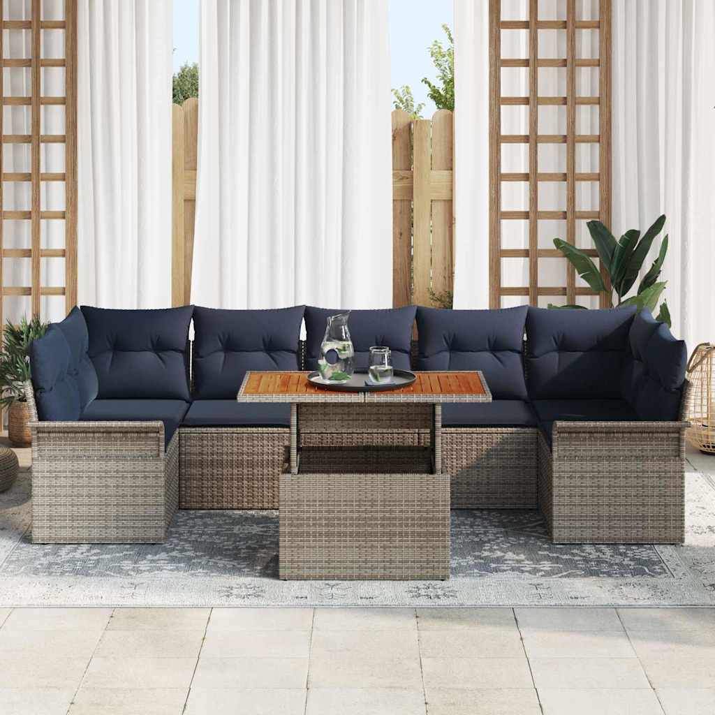 Set Divano da Giardino 8 pcs Grigio e Blu Navy polyrattan