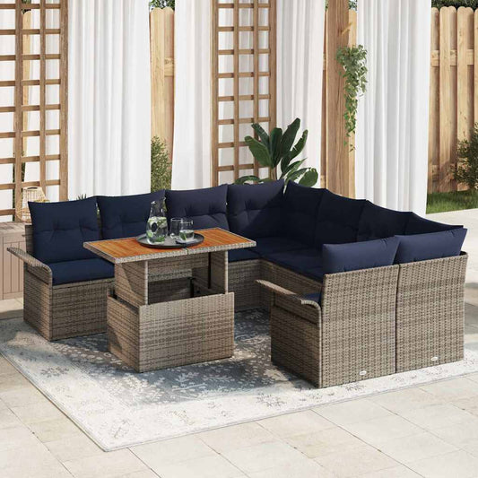 Set Divano da Giardino 9 pcs Grigio e Blu Navy polyrattan