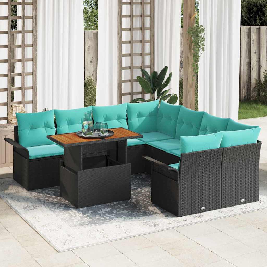 Set Divano da Giardino con cuscino 9 pcs Nero e Blu polyrattan | homemem39