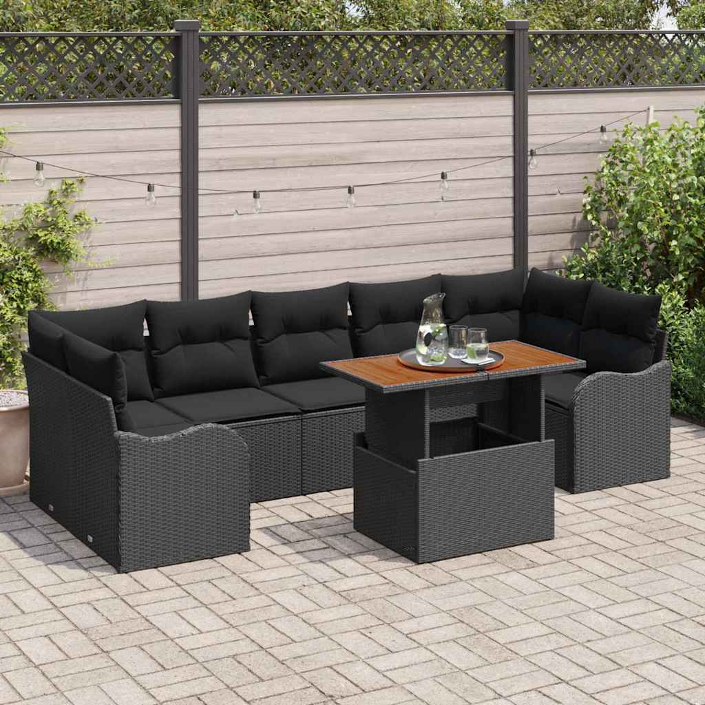 Set Divano da Giardino con cuscino 8 pcs Nero polyrattan | homemem39