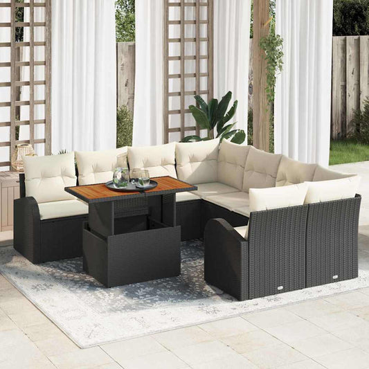 Set Divano da Giardino con cuscino 9 pcs Nero e crema