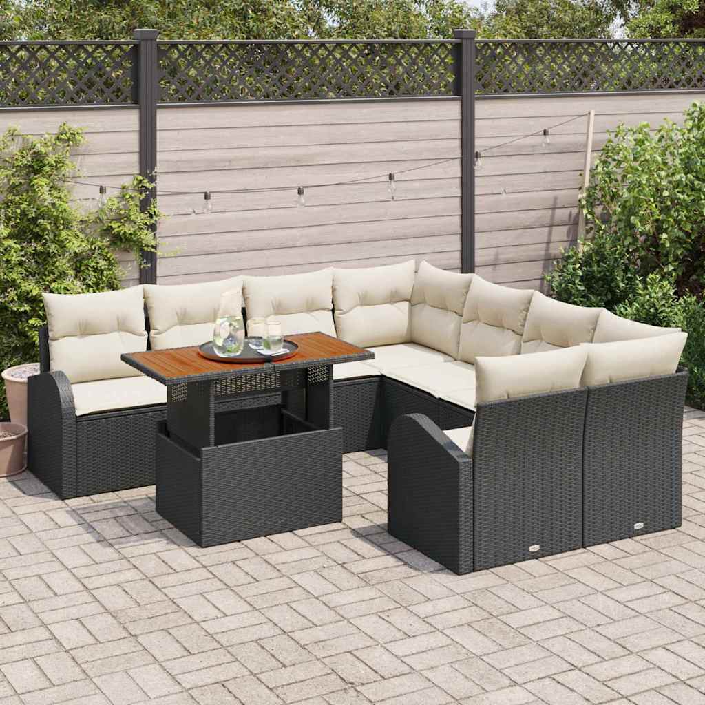Set Divano da Giardino con cuscino 9 pcs Nero e crema