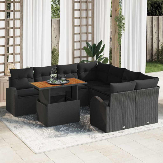 Set Divano da Giardino con cuscino 9 pcs Nero