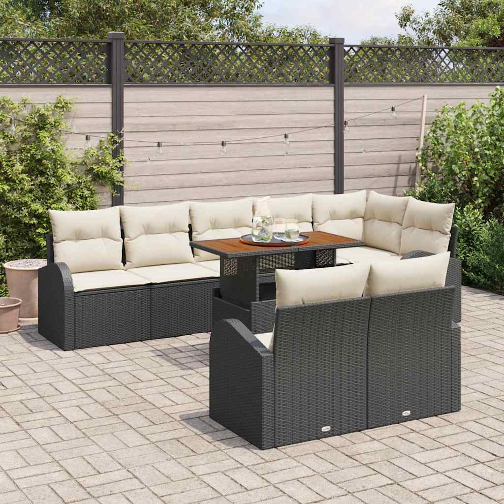 Set Divano da Giardino con cuscino 9 pcs Nero e crema