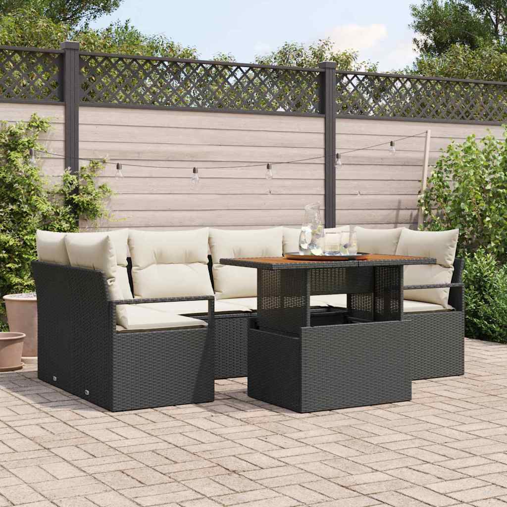 Set Divano da Giardino con cuscino 7 pcs Nero e crema