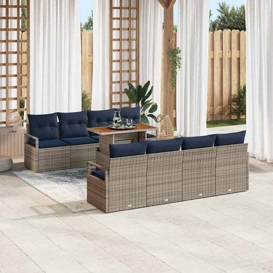 Set Divano da Giardino con cuscino 9 pcs Grigio e Blu Navy