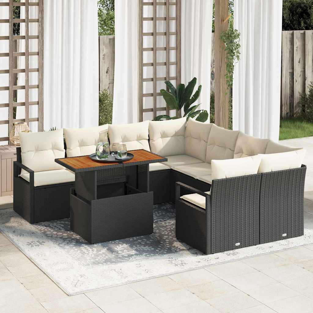 Set Divano da Giardino 9 pz 8-Numero di posti Nero e Crema