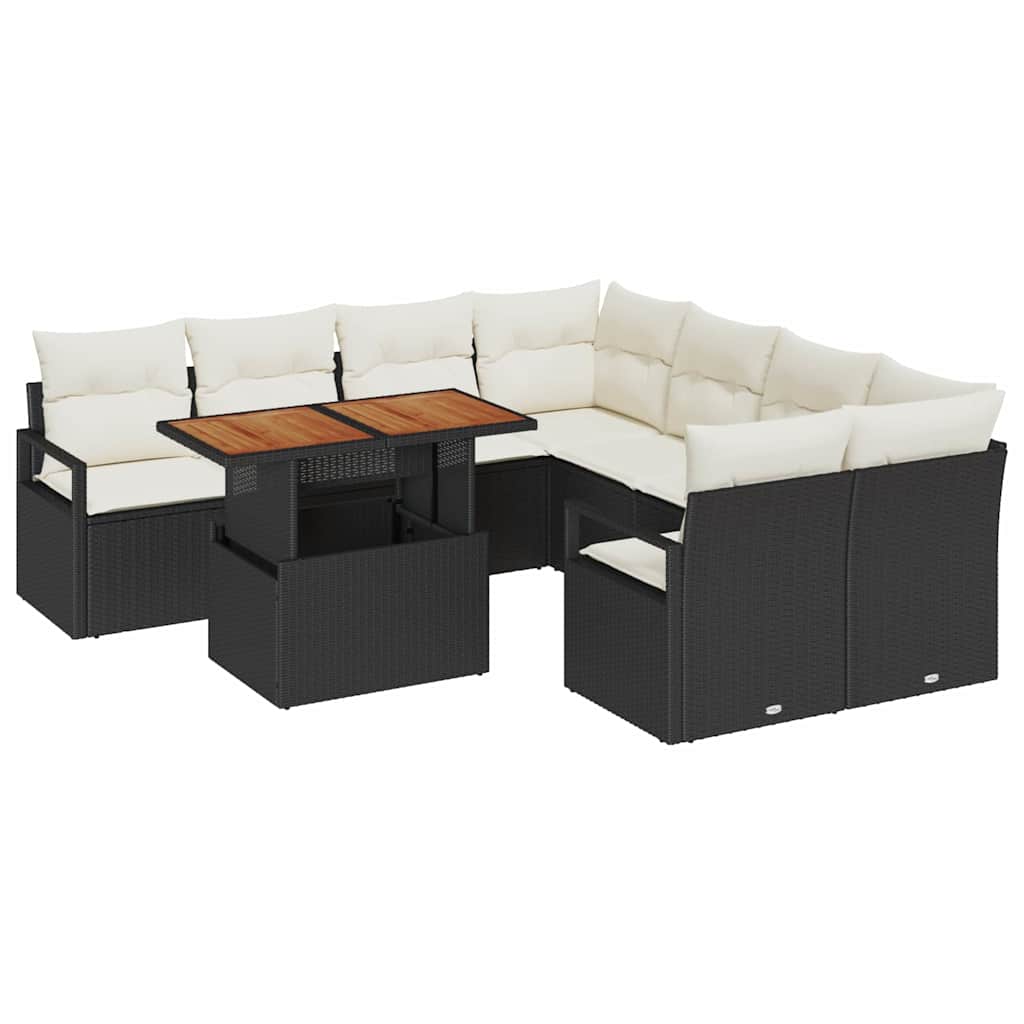 Set Divano da Giardino 9 pz 8-Numero di posti Nero e Crema