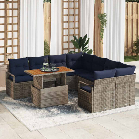 Set da Pranzo per Giardino con cuscino 9 pcs Grigio e Blu Navy