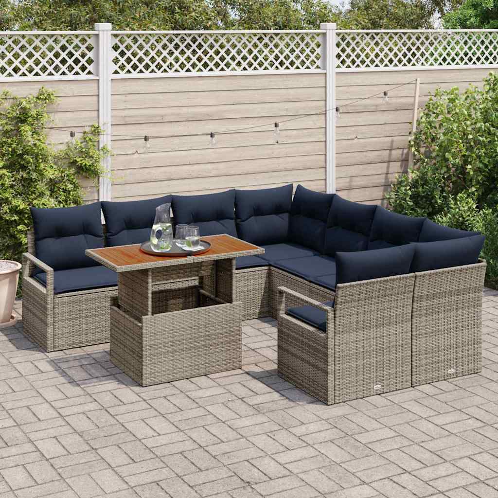 Set Divano da Giardino 9 pz 8-Numero di posti Grigio e Blu Navy