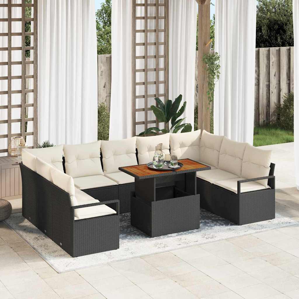 Set Divano da Giardino 10 pz 9-Numero di posti Nero e Crema