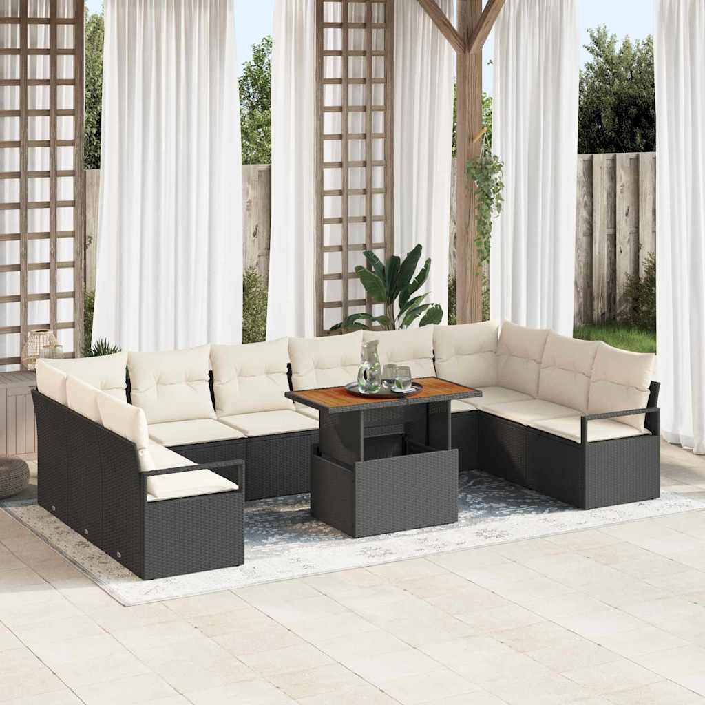 Set Divano da Giardino 11 pz 10-Numero di posti Nero e Crema