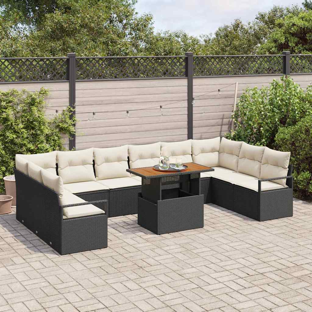 Set Divano da Giardino 11 pz 10-Numero di posti Nero e Crema