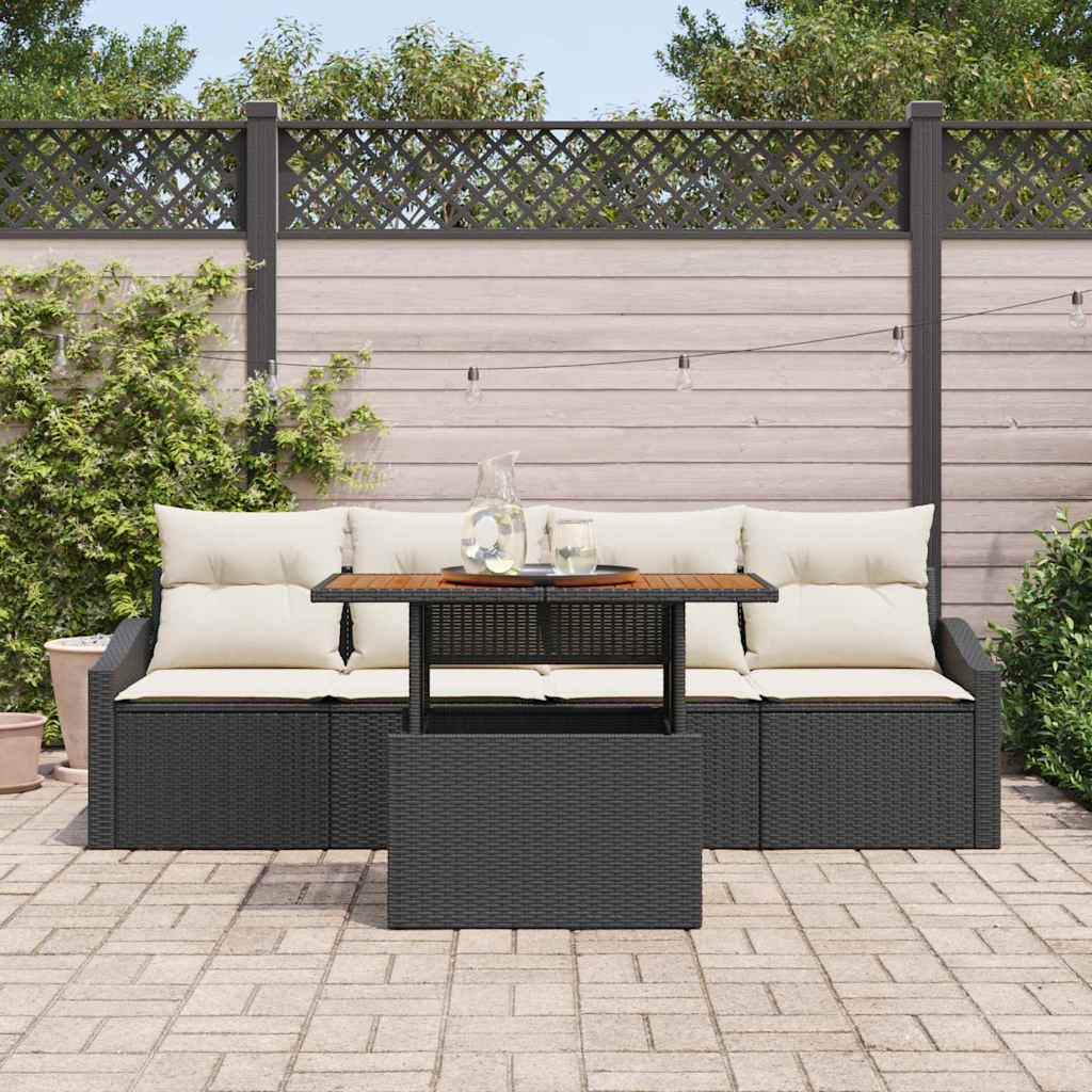 Set Divano da Giardino con cuscino 5 pcs Nero Poly Rattan | homemem39