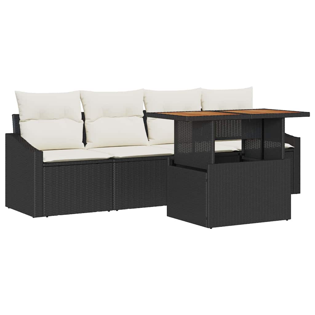 Set Divano da Giardino con cuscino 5 pcs Nero Poly Rattan | homemem39