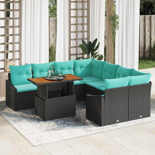 Set da Pranzo per Giardino con cuscino 9 pcs Nero e Verde acqua