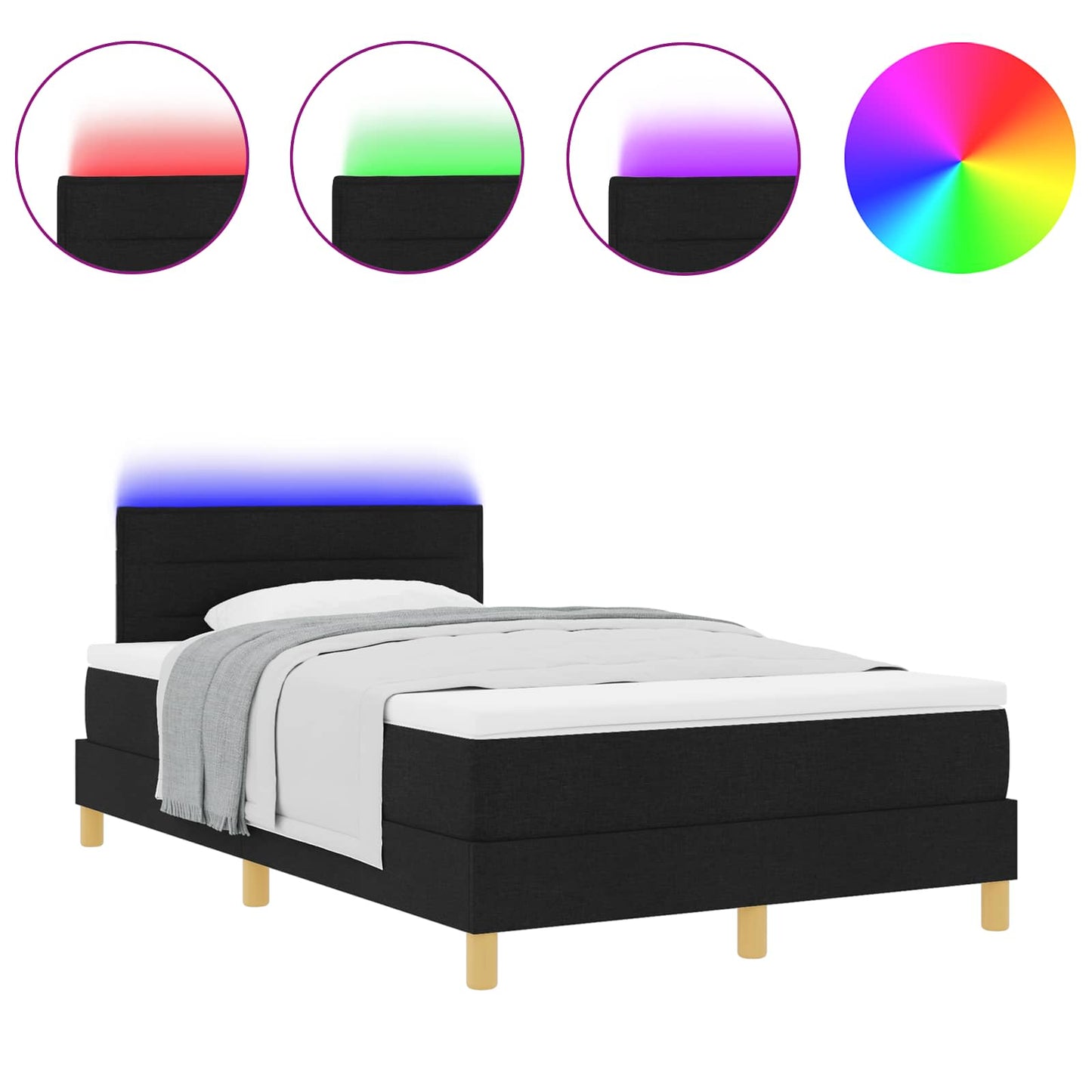 Letto a Sorgente LED con materasso Nero 120 x 190 cm Tessuto