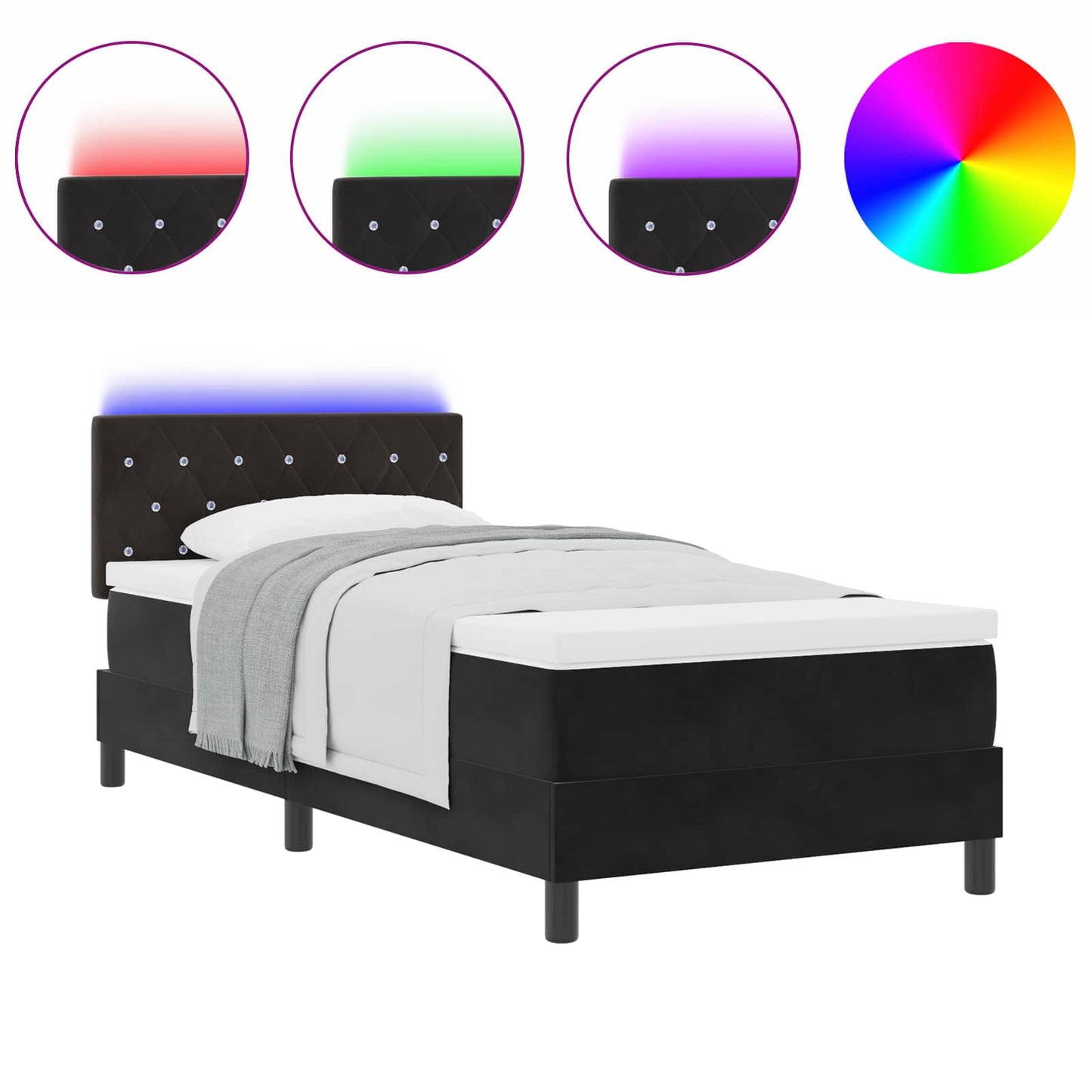 Letto a Sorgente LED con materasso Nero 90 x 200 cm Velluto