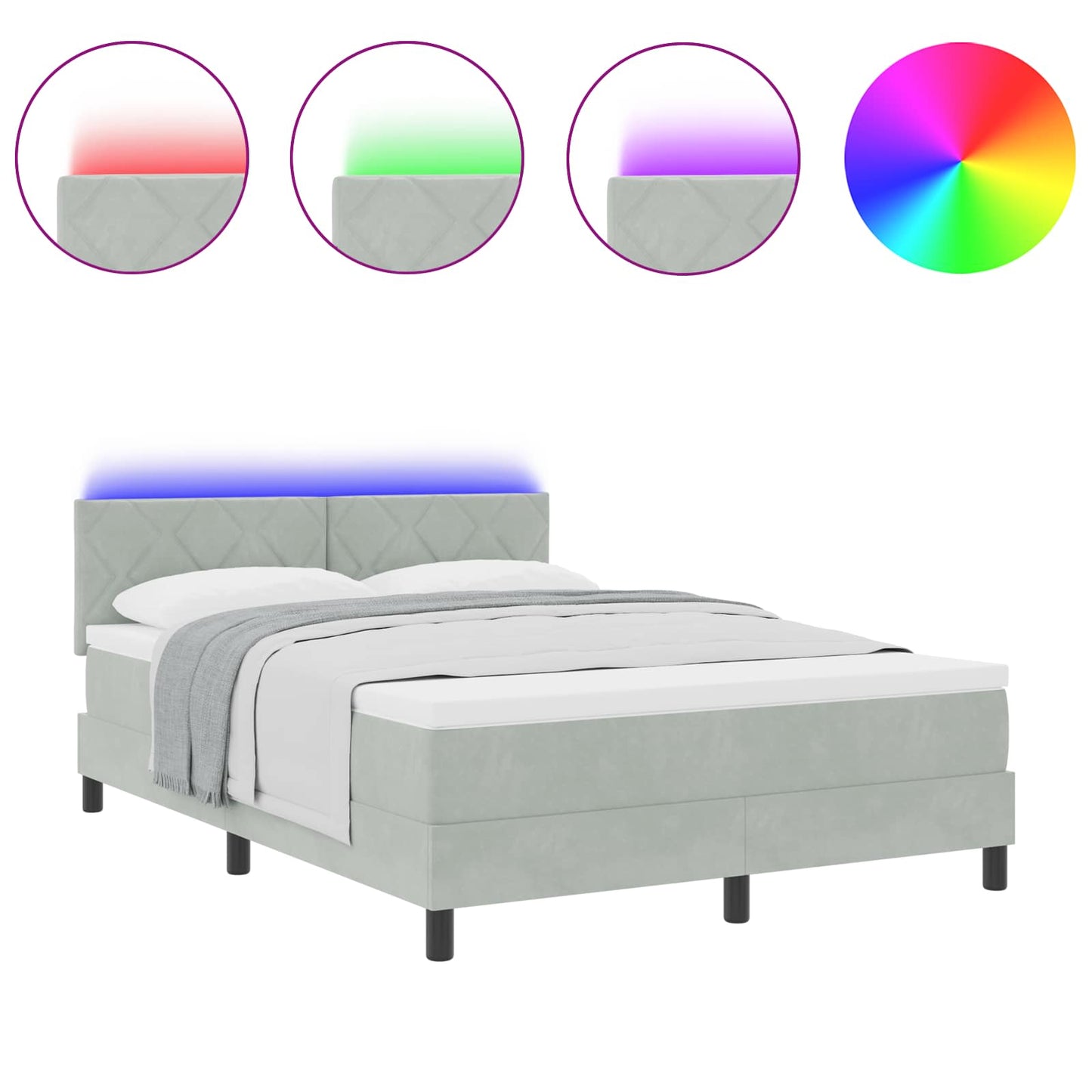 Letto a Sorgente LED Grigio chiaro 140 x 200 cm Velluto