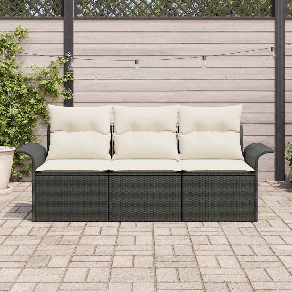 Set Divano da Giardino con cuscino 3 pcs Nero Poly Rattan | homemem39