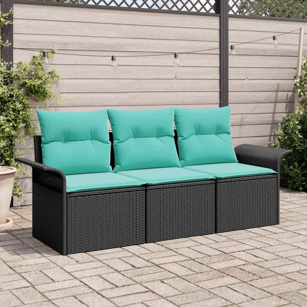 Set Divano da Giardino con cuscino 3 pcs Nero Poly Rattan | homemem39