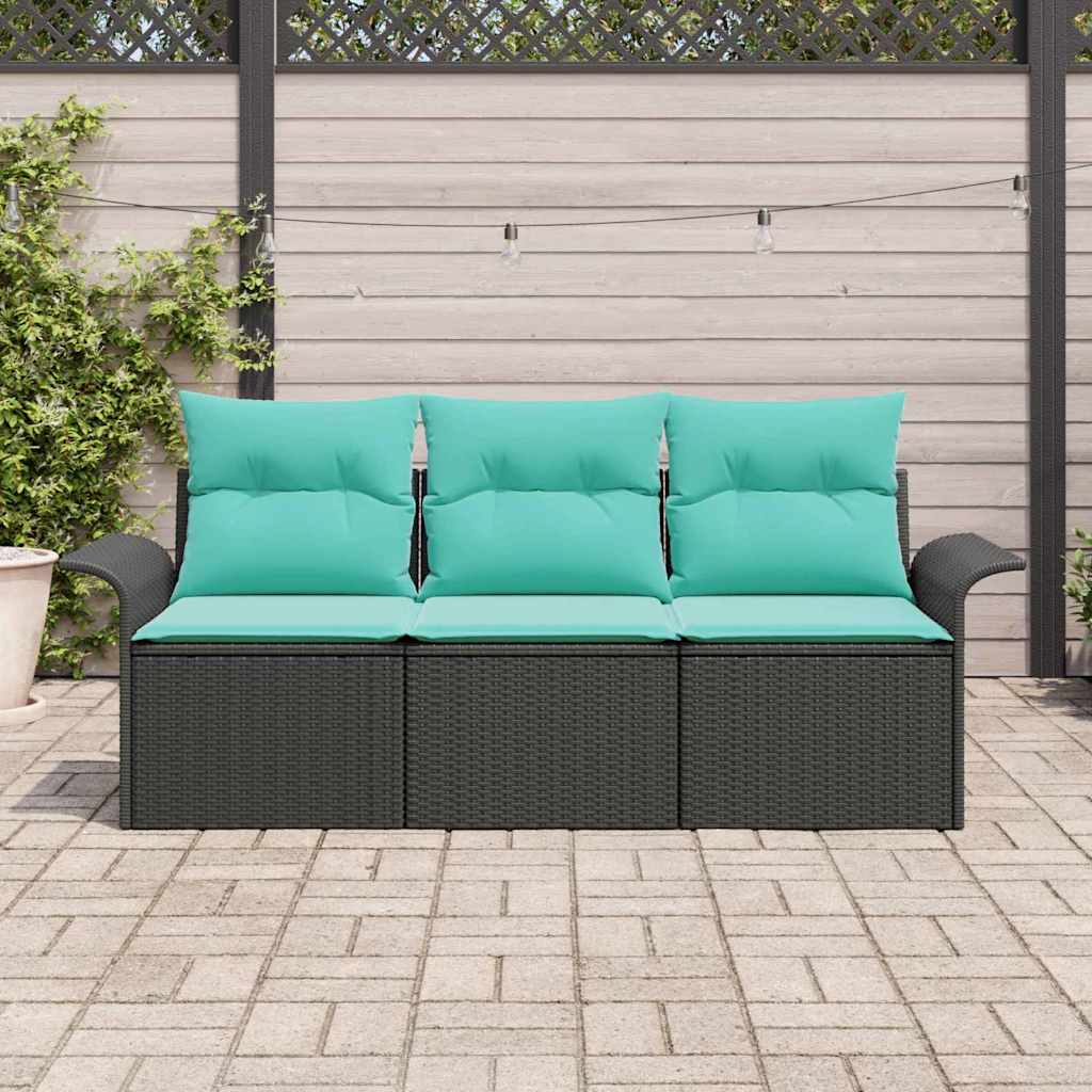 Set Divano da Giardino con cuscino 3 pcs Nero Poly Rattan