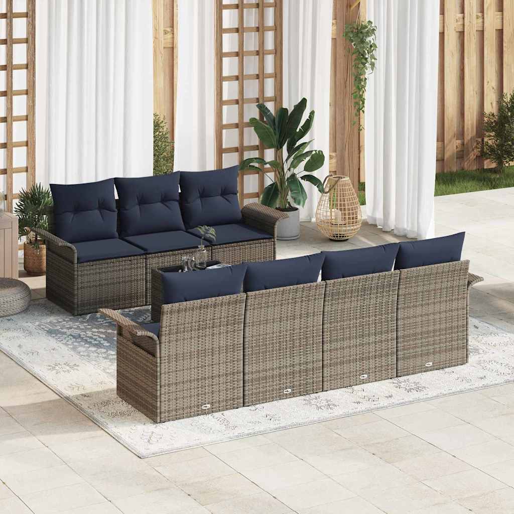 Set Divano da Giardino 8 pcs Grigio e Blu Navy polyrattan