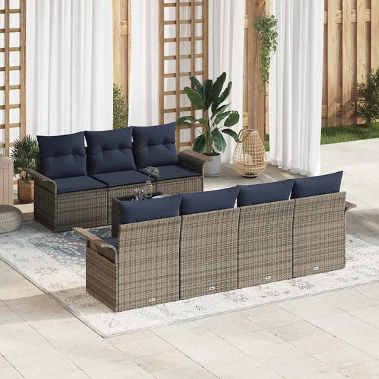Set Divano da Giardino 8 pcs Grigio e Blu Navy polyrattan