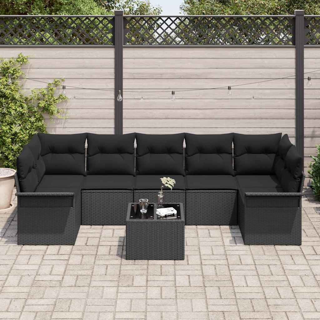 Set Divano da Giardino con cuscino 8 pcs Nero polyrattan