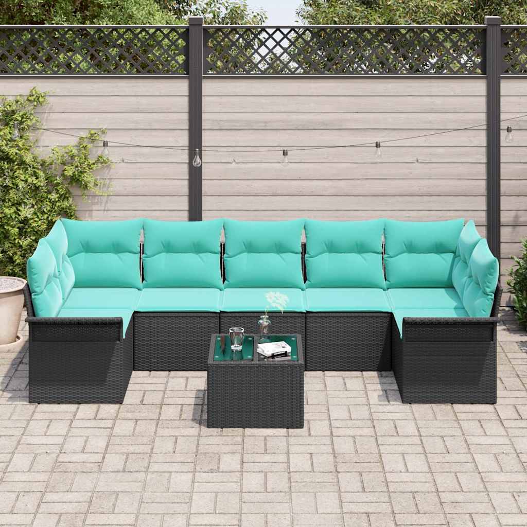 Set Divano da Giardino 8 pcs Nero e Turchese polyrattan