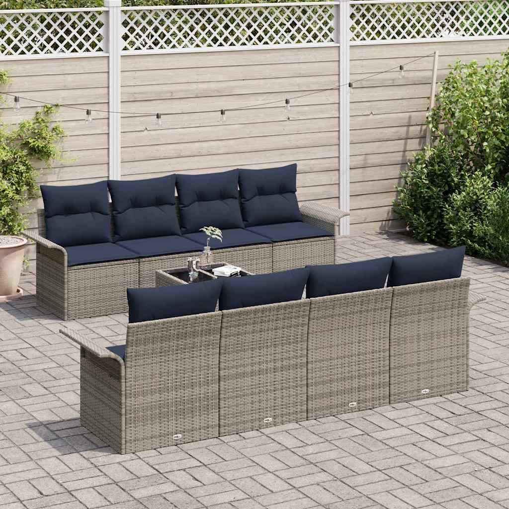 Set Divano da Giardino 9 pcs Grigio e Blu Navy polyrattan