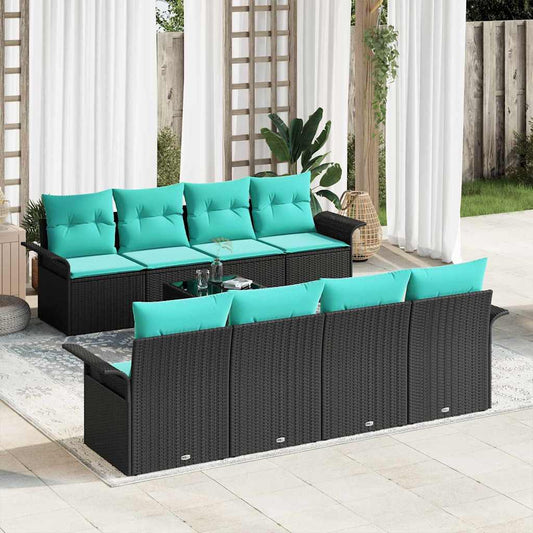 Set Divano da Giardino 9 pcs Nero e Turchese polyrattan