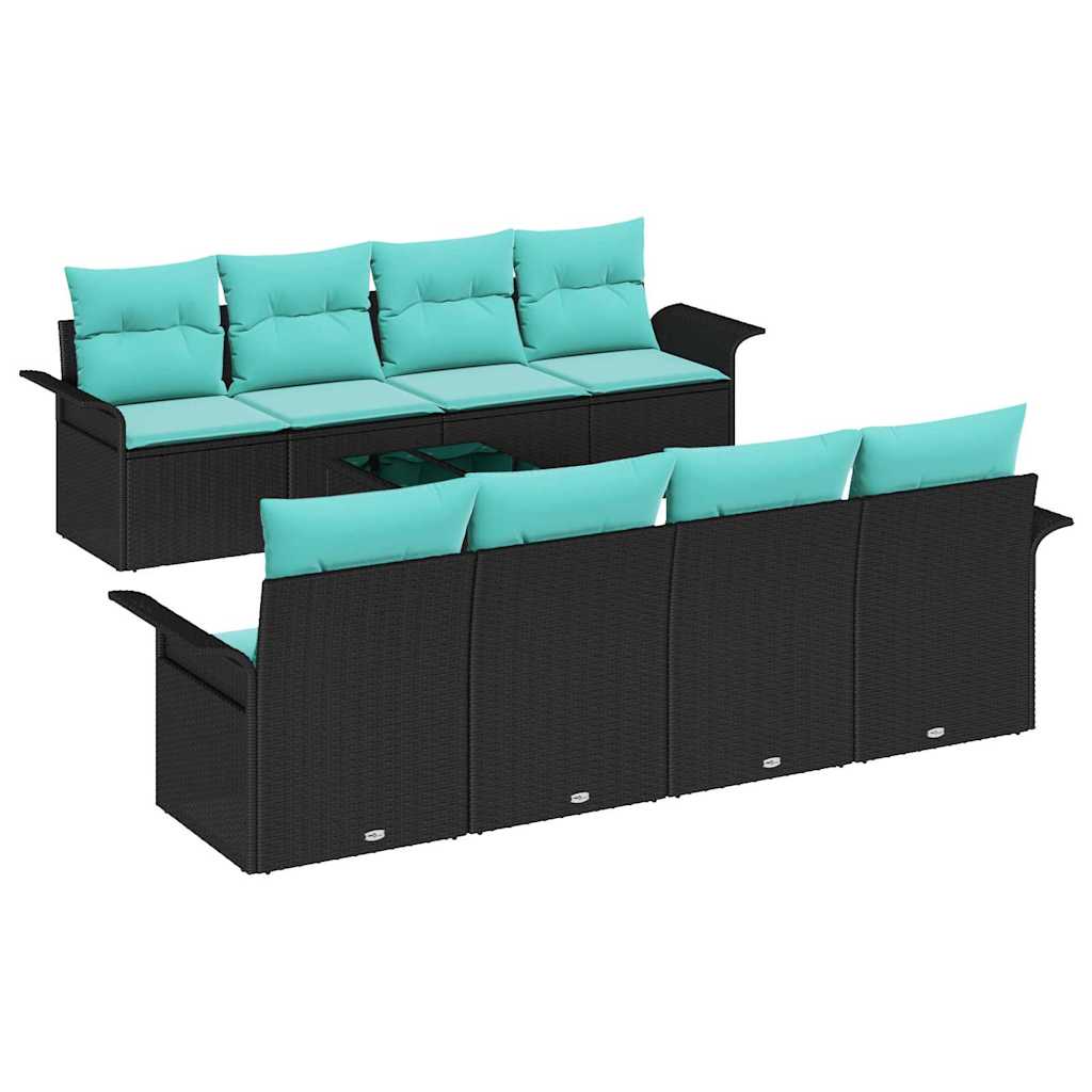 Set Divano da Giardino 9 pcs Nero e Turchese polyrattan
