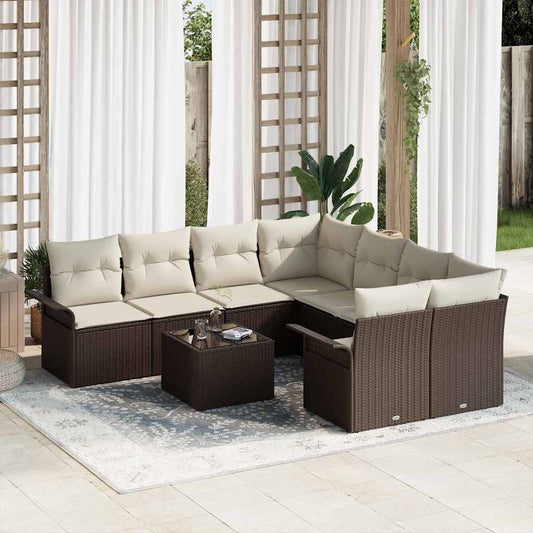 Set Divano da Giardino 9 pcs Marrone e Crema polyrattan