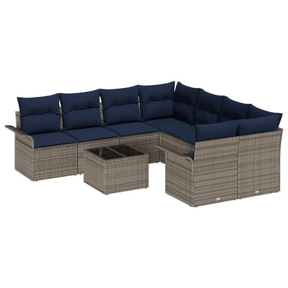 Set Divano da Giardino 9 pcs Grigio e Blu Navy polyrattan
