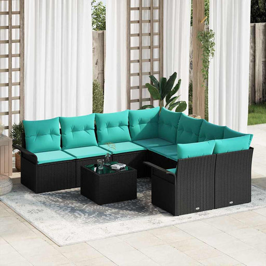 Set Divano da Giardino 9 pcs Nero e Turchese polyrattan