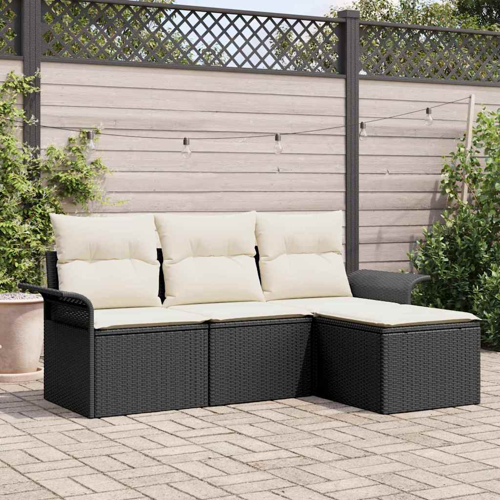 Set Divano da Giardino con cuscino 4 pcs Nero Poly Rattan | homemem39