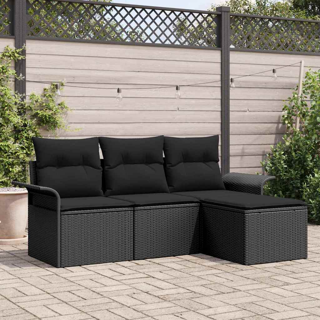 Set Divano da Giardino con cuscino 4 pcs Nero Poly Rattan