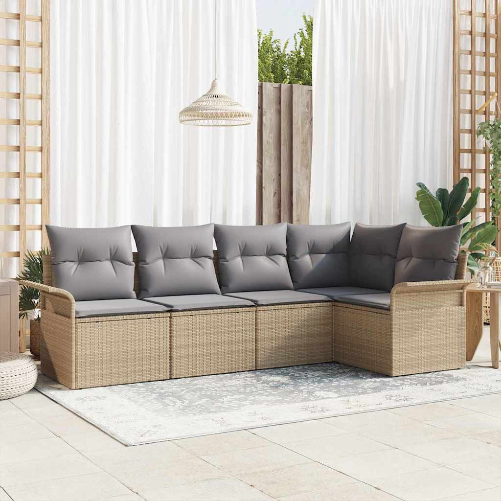 Set Divano da Giardino con cuscino 5 pcs Beige Poly Rattan | homemem39